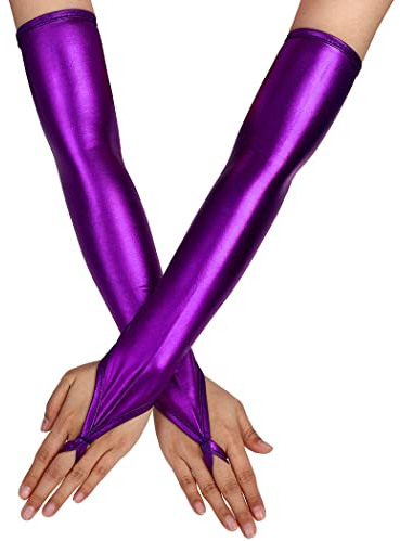 Eyret Holografische Handschuhe für Damen, fingerlos, metallisch, Ellenbogenlänge, glänzend, Abendkostüm-Handschuhe, D-lila, Standard