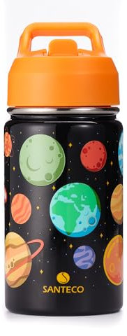 SANTECO Borraccia Bambini Acciaio Inox, Senza BPA, 380ml Borraccia Termica a Prova di Perdite con Cannuccia per Scuole, Facile da Pulire