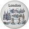 Imanes redondos de Skyline Londres de speecheese: Vistas al Big Ben, Tower Bridge, London Eye y Buckingham Palace. Estilo vintage, magnético. 1 unidad de plástico, diámetro 5.9 cm.