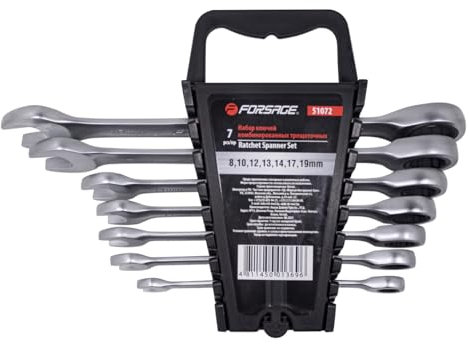 ForsagePol Maul-Ringschlüssel Set 7-teilig | Ratschen-Kombinationsschlüssel 8–19 mm | Cr-V Stahl, extra flach, mit praktischem Halter | Profi Werkzeugset für Heimwerker & Werkstatt