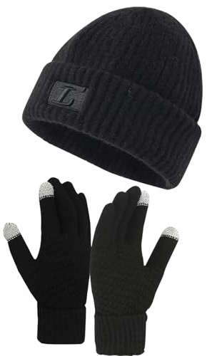 FOSDICK Cappello a Berretto per Uomini e Donne, Cappello Invernali Touch Screen Guanti Set, Nero Cappelli Sci Unisex Elastico Cappello Guanti Uomo Donna per Sport all'Aria Aperta