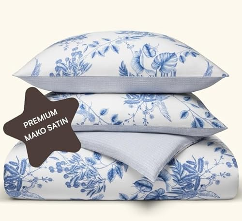 Amqua Mako Satin Bettwäsche 135 x 200 cm Baumwolle Blumen|100% langstaplige Baumwolle | Set inkl. 40x80 Kissenbezug| Hotelbettwäsche 135x200| floral Bettwäsche Blumen| Arisa