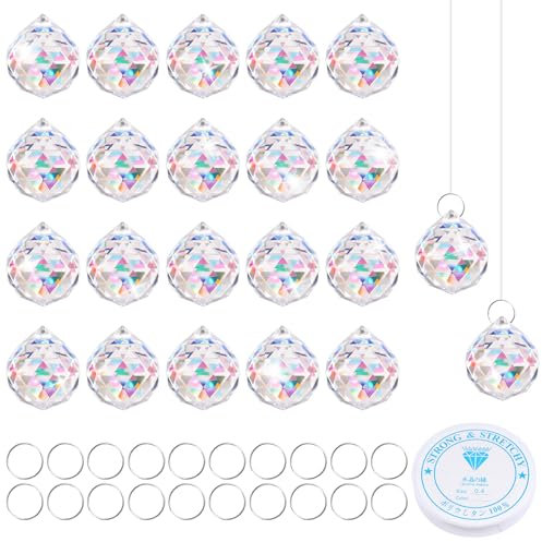 20 Stück Sonnenfänger Kristall, 20mm Kristalle zum Aufhängen, Suncatcher Kristall mit 20 Metallring, Hängende Kristallkugeln, Klare Kristallkugel Prisma für Fenster, Kronleuchter, Heimdekoration