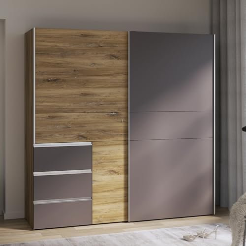 FORTE Winn 2 Kleiderschrank 200, Moderner Schrank mit 2 Schwebetüren und 3 Schubladen, Holzwerkstoff, Flagstaff Eiche/Grau, 200,1 cm breit 200,5 cm hoch, 61 cm tief