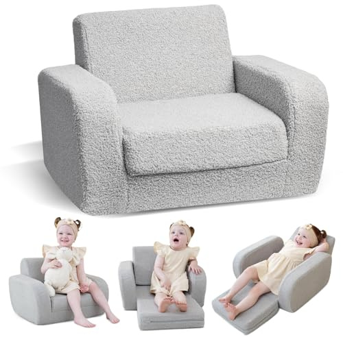 KidBloom 3 in 1 Kids Couch Sofa, Foldable Toddler Chair Bed, Comfy Convertible Plush Toddler Sofa, Baby Chairs for Girls & Boys 1 2 3