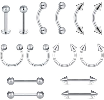 MODRSA Sopracciglio-Barba Labbro-Bar Setto Piercing alla Lingua: 14 Pezzi 16G Acciaio Chirurgico Barbell Curvo Anello per Labbro Piercing al Trago Argento