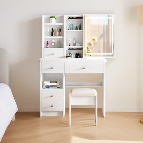 DATO Schminktisch mit LED-Beleuchtung, 3 Farbtemperaturen und Helligkeit Einstellbar, Schminktisch mit Hocker,Frisiertisch mit 5 Schubladen und 3 Ablagen, Schminktisch mit Schiebespiegel (T68)