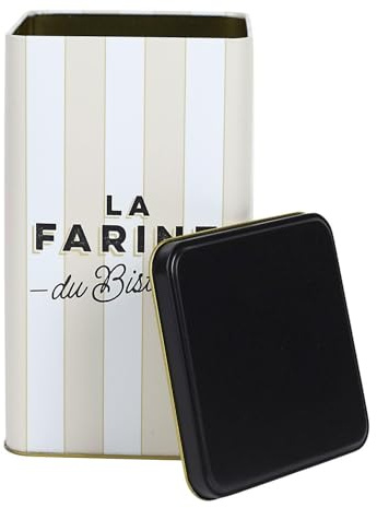 HowHomely Lata de harina de 2 l de color blanco y beige a rayas – Tarro de metal con tapa negra, lata de almacenamiento de cocina para harina o alimentos secos estilo bistró