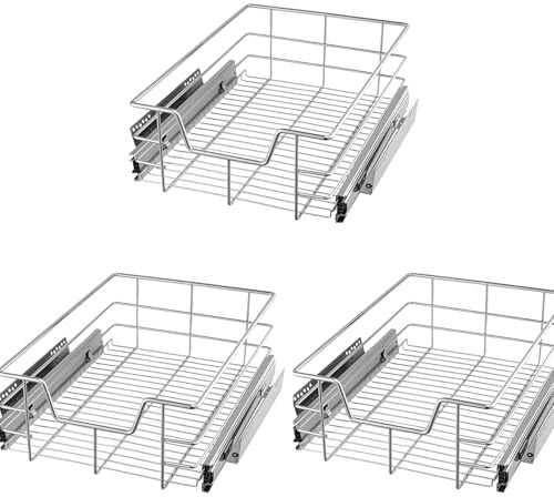 GREENSAPPIRE Pull-Out Telescopic Kitchen Basket Drawer | Fits 40cm Cabinets (37cm Internal Width) | Chrome Finish | Full Extension | Heavy-Duty 20kg Load | Space-Saving Storage Organiser (3PC)