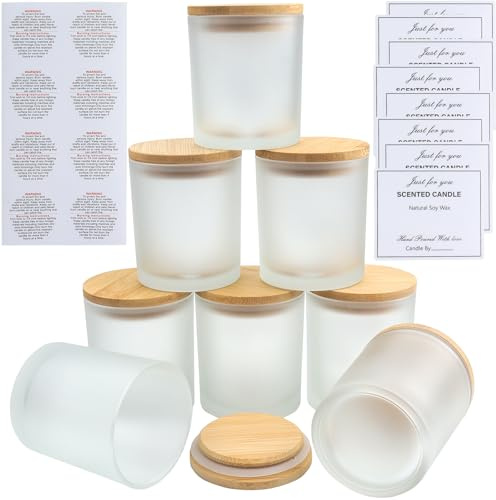 LHNNDM 8 Pack 10 oz Frosted Glass Candle Jars with Bamboo Lids- Bulk Empty Jars （315ml ）for Making Candles - Spice, Powder Containers - Dishwasher Safe (Frosted Candle Glass Cup)