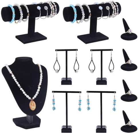 NBEADS 10 Pcs Velvet Jewelry Display Set, Bust Shaped Velvet Necklace Display Stands T Bar Bracelet Earring Holder Cone Flocking Resin Ring Holder for Jewelry Showcase