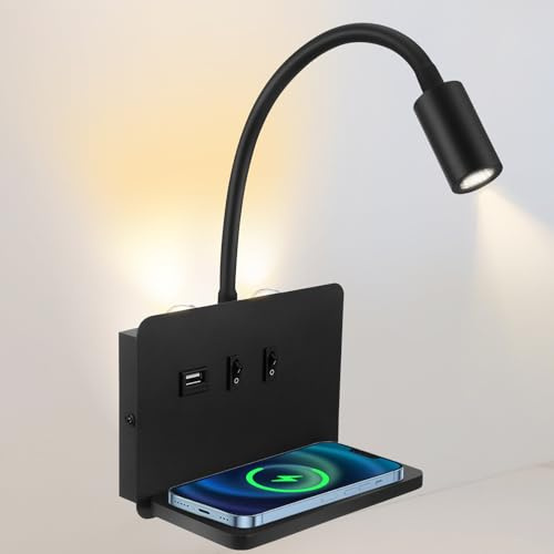 Indoor Wall Lights, Wall Mounted Reading Lamp with Wireless Charger & USB charging Port, 9W+3W Bedside Reading Light with Switch, LED Wall Light with 360° Gooseneck Lamp for bedroom Living Room (1)