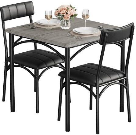 GarveeMore Mesa y sillas Cocina, Conjunto Mesa y sillas Comedor con Mesa Cuadrada y Dos sillas Acolchadas, Diseño Compacto para Cocina salón Dormitorio, Gris
