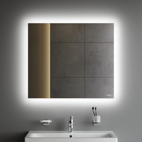 AM.PM Hit – LED Spiegel 80 x 70 cm mit Beleuchtung | Badezimmerspiegel mit LED | Spiegel mit Licht dimmbar 3 Farbtemperaturen | Touchless Sensor & Anti Beschlag | Wandspiegel ohne Rahmen | Badspiegel