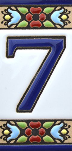 Numero casa.Insegna con numeri e lettere di piastrelle ceramica dipinte a mano con la tecnica cuerda seca, nomi indirizzi e segnaletica. Disegno FLORES MINI 7,3 cm x 3,5 cm (NUMERO SETTE 7)