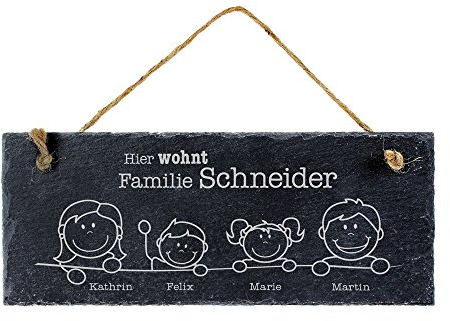 Casa Vivente Schiefertafel mit Gravur, Hier wohnt, Personalisiert mit Namen der Familie, Türschild mit Juteband für die Haustür