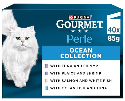 GOURMET Perle Ocean Collection Adult Wet Cat Food Mini Fillets in Gravy Tuna, Shrimp, Plaice, Salmon, White fish, Ocean Fish 40 x 85g Pouches