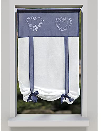 SMITHOOM 1 Pannello Tenda Avvolgibile Cuore Ricamato Morbido Velato Tende Sollevabile Cravatta per Caffè Cucina Soggiorno Balcone Bagno, Blu, Larghezza 45cm/Altezza 90cm