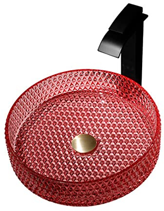 WRJAHCG Aufsatzwaschbecken,Waschbecken aus Glas Waschtisch, Round Hand Waschschale mit Wasserhahn Set,Waschbecken Bad| Aufsatzwaschbecken für das Badezimmer und Gäste-WC,Rot