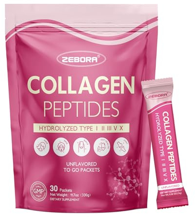 ZEBORA Multi Collagen Peptides Powder Packets with Hyaluronic Acid, Biotin, MCT - Hydrolyzed Collagen with 5 Billion Probiotics - Support Skin Hair Nail & Gut Health - 30 Stick Packs