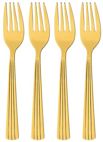 GRÄWE Tenedores de postre, 4 piezas, color dorado, juego de tenedores pequeños, aptos para lavavajillas, tenedores de frutas, acero inoxidable, serie Atenas