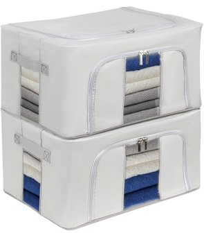 Womanht 2 Stück Aufbewahrungstasche mit Metallrahmen Stapelbare für Bettdecken Kleidung - Faltbare Kleideraufbewahrung Box Abstellraum Kleiderschrank Organizer (Grau-24L)