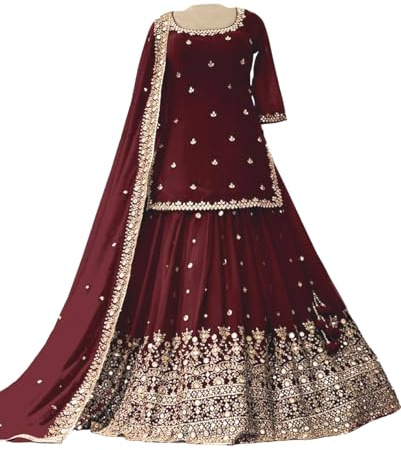 MAHEK Women's Georgette Indian Pakistani Lehenga Choli Dress Ethnic Wear Party wear, Wedding wear Ready to Wear Dress, Maroon, XL-42 inch