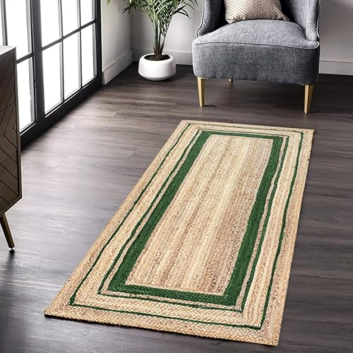 DecorAvenue Tappeto indiano fatto a mano intrecciato a mano in iuta (verde, 210 x 210 cm rotondo)