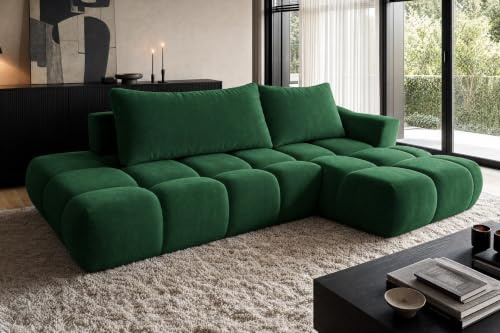 COMFORTINO FURNITURE Ecksofa mit Schlaffunktion Luna L-Form, Sofa Couch mit Bettkasten, 3-Sitzer Eckcouch, Schlafsofa für Wohnzimmer, Big Sofa Couch mit Schlaffunktion (Grün, Ottomane Rechts)