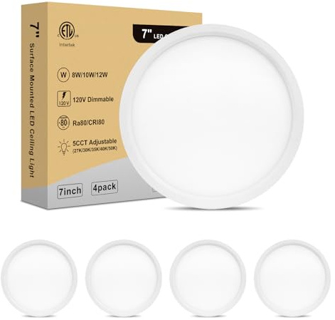 Wembanma 7 Inch Flush Mount LED Ceiling Light - Dimmable Ultra Slim 0.67in Round Flat Ceiling Lamps, 2700K/3000K/3500K/4000K/5000K Selectable LED Lights for Bathroom, Basement, 7 Inch 4Pack White