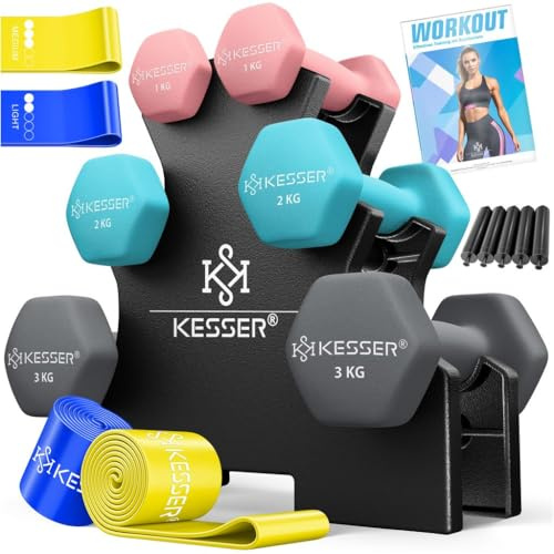 KESSER Juego de mancuernas, 3 pares, 1 kg – 5 kg, 12 kg o 18 kg, con soporte, almacenamiento, gimnasio, entrenamiento de fuerza, juego de pesas de neopreno antideslizante, con cuaderno de ejercicios