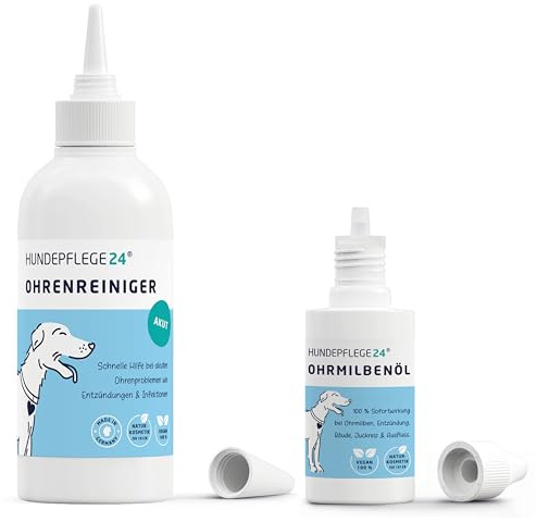 Hundepflege24 Ohrenpflege Set - Ohrenreiniger Akut 250ml + Ohrmilbenöl 50ml - Das ideale Duo für gesunde Hundeohren - Sofortwirkung gegen Ohrmilben und pflegende Wirkung bei Entzündungen