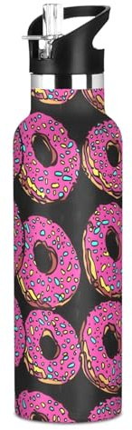 Bottiglie d'acqua isolate in acciaio inox da 590 ml, con coperchio con cannuccia, per bevande fredde o calde, graziose ciambelle rosa, a doppia parete, sottovuoto, senza BPA, tazze da viaggio per