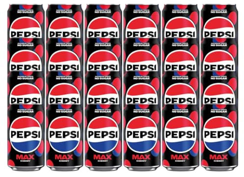 Pepsii MAX Cherry SUGAR FREE Cola Flavoured Fizzy Soft Drink Maximum Taste and Low in Calories with Sweetners 330ml Can Suitable for Vegetarian Recyclable (Pack of 24)