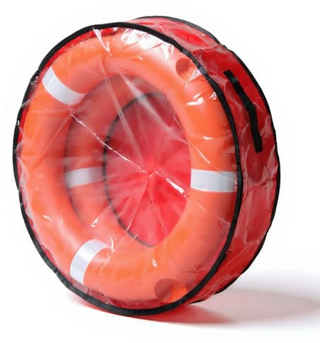 Lifebuoy Ring Cover & Storage Bag, Holds Two 20 –23 Ring Buoys, UV-Resistant Waterproof Clear PVC Top, Dual Zippers, Handle & Hanging Loop — All-Weather Protection for Pool Dock Boat