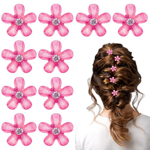 10 Stück Mini Blumen Haarklammern, Niedliche Haarklammern mit Strass, Kleine Haarspangen Blumen Haaraccessoires für Damen und Mädchen, Süße Mini-Haarspangen für Alltag, Party, Hochzeit (Rosarot)