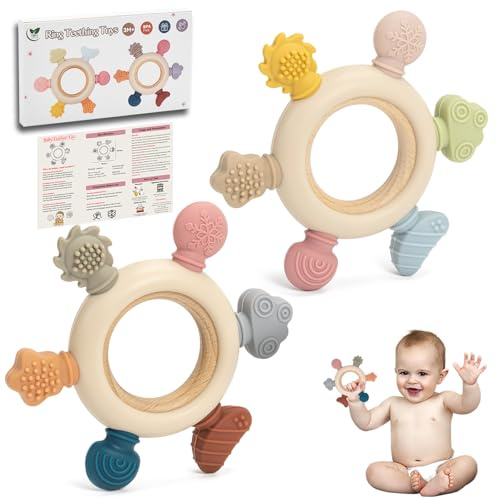 Beißring-Spielzeug für Babys, Silikon, BPA-frei, 0 3 6 12 Monate, Beißring-Spielzeug für Kleinkinder, Kleinkinder, Weihnachten, Geburtstag, 2 Stück