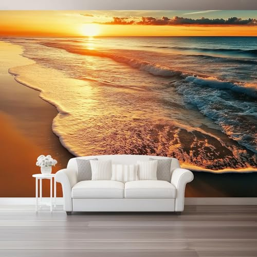 Papel tapiz fotográfico 200 x 140 cm Revestimiento de paredes decoración de salón Diseño Playa Natural Y Tranquila para dormitorio, sala de estar, papel tapiz no tejido, decoración de pared, Oro