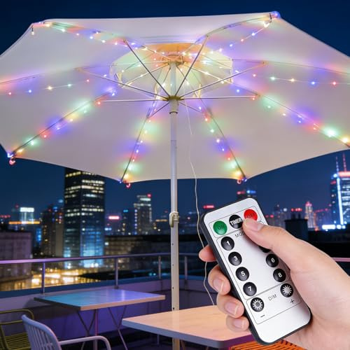 Sonnenschirm Beleuchtung, LED Sonnenschirmbeleuchtung 8 Modi mit Fernbedienung Garten Sonnenschirmlichterkette LED Sonnenschirm Lichterkette Regenschirm Lichterkette IP67 Außen Innen Deko (Farbenfroh)