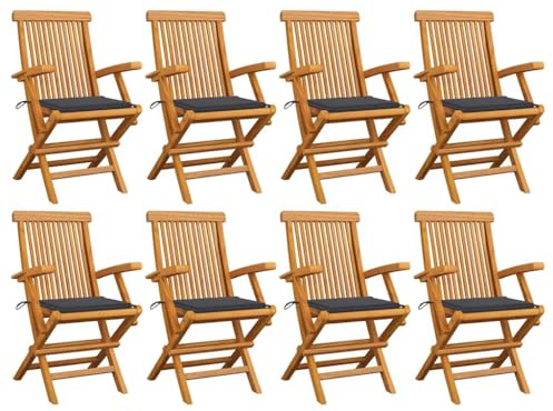 Mokuyary Trädgårdsstolar med antracitfärgade kuddar, set om 8, massivt trä, teak, balkongstol, terrassstolar, matstolar för terrass, trädgård, balkong – A