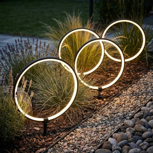 Arnusa Solar Gartenleuchten LED Solar Gartenstecker modern, Solarleuchte Garten Leuchtringe Design warmweiß, Aluminium (4)