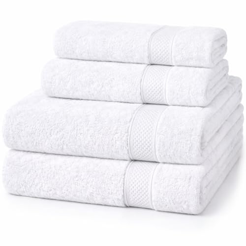Komfortec 4er Handtuchset aus 100% Baumwolle, 2 Handtücher 50x100 cm und 2 Badetücher 70x140 cm Set, Frottee, Weich, Weiß