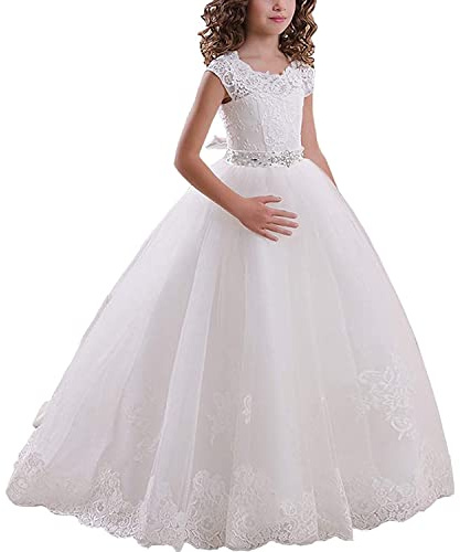 Abaowedding First Communion Dresses Flower Girl Dress Lace Up Communion Dress Ball Gown Girl Dress (White Sash US12)