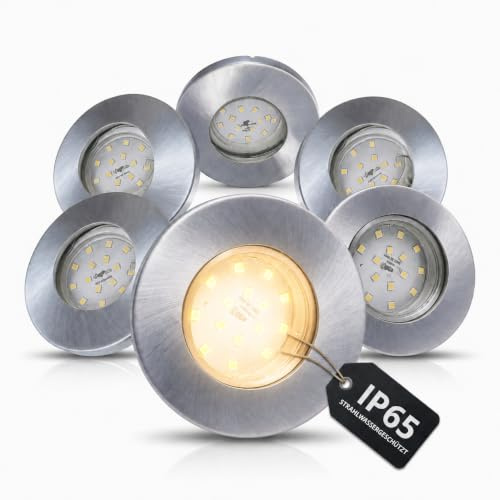Trango 6er Set 6729IP65-069MO IP65 LED Einbaustrahler in Aluminium gebürstet inkl. 6x 5 Watt 3000K warmweiß Ultra Flach LED Modul für Bad, Dusche, Einbauspots, Deckenstrahler, Deckenlampe, Badleuchte
