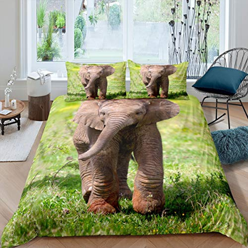 Loussiesd 3D Elefantendruck Bettwäsche Set Safari Afrika Wildtier Bettbezug Set 135x200cm mit 1 Kissenbezug 80x80cm Elefant Mikrofaser Bettwäsche Grün für Kinder Jungen Mädchen