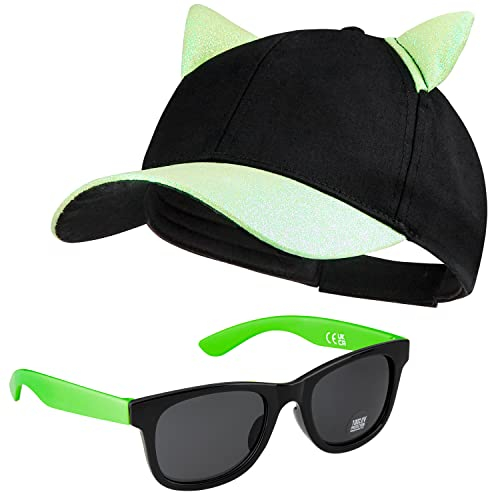 CityComfort Baseball Cap Kinder, 2er Set Snapback Cap mit Ohren und Sonnenbrille Kinder Sonnenschutz - Geschenke für Mädchen (Grun Neon)