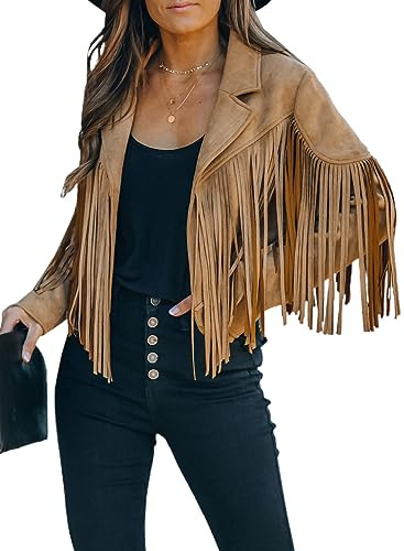 Daysskk Damen-Jacke aus Wildlederimitat, langärmelig, Fransen, Cropped-Jacke, Western-Outfits, Oberbekleidung, Khaki, Small