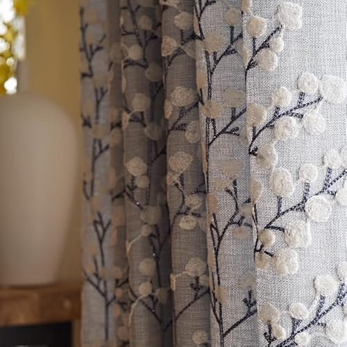 Verdunkelungsvorhänge aus Baumwollleinen im chinesischen Stil, grau-blaue Stickerei, Blumenmuster, für Wohnzimmer, Schlafzimmer, Erkerfenster, individuelle Gestaltung – Vorhang, B 250 cm x H 250 cm,