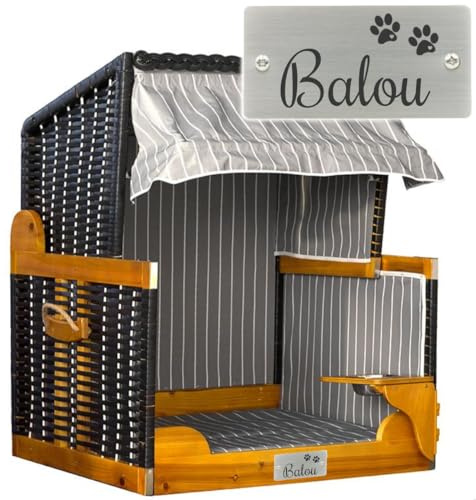 Sterngraf Hunde-Strandkorb mit Gravur zB Schild Pfoten (Name), personalisiertes Edelstahlschild, Hundekorb/Hundebett schwarz-grau
