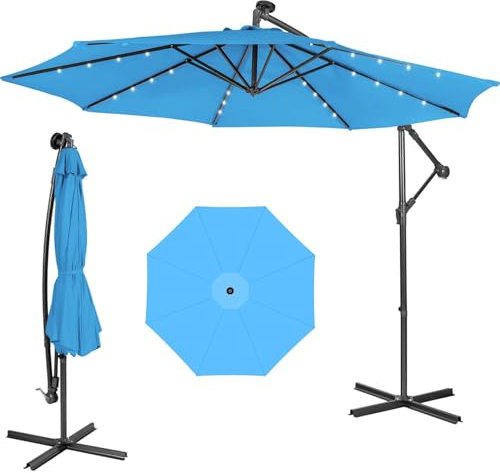 TANGZON 10 FT/3M Outdoor Cantilever Umbrella with 32 LED Lights, Garden Parasol with 8 Sturdy Ribs, Easy Tilt Mechanism, Steel Base, Patio Market Offset Umbrella for Backyard Pool Lawn (Blue)